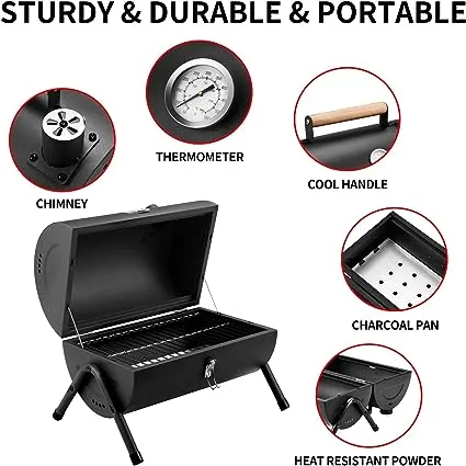 Portable Charcoal Grill, Tabletop Outdoor Barbecue Smoker, Small BBQ Grill for Outdoor Cooking Backyard Camping Picnics Beach by DNKMOR BLACK