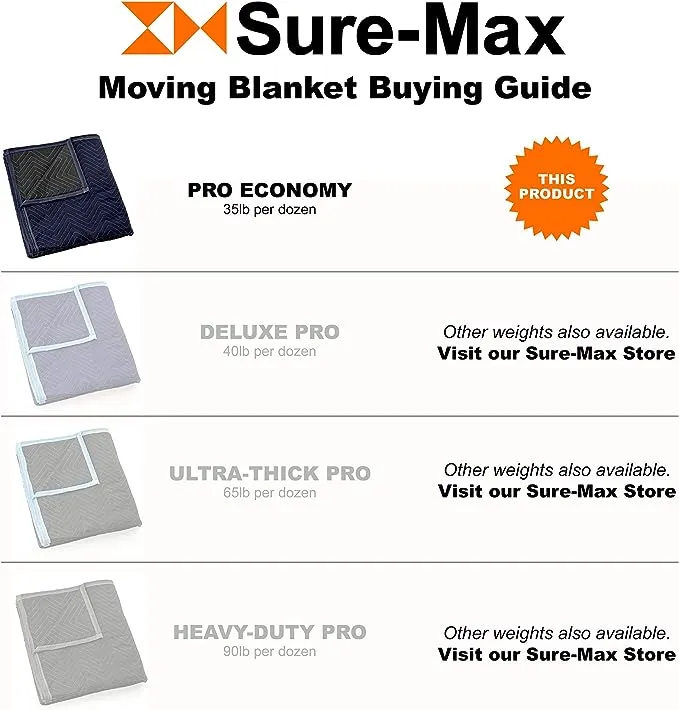 Sure-Max 8 Moving & Packing Blankets - Pro Economy - 80" x 72" (35 lb/dz weight) - Professional Quilted Shipping Furniture Pads Navy Blue and Black