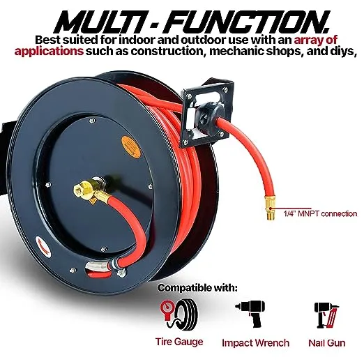 ReelWorks Air Hose Reel 3/8" Inch x 50' Foot Heavy Duty Industrial Max 300PSI Flex Hybrid Polymer Hose