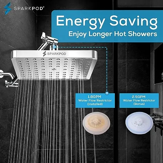 SparkPod Shower Head - High Pressure Rain - Luxury Modern Look - Tool-less 1-Min Install - The Perfect Adjustable Replacement For Your Bathroom Shower Heads (6" Square, Luxury Polished Chrome)