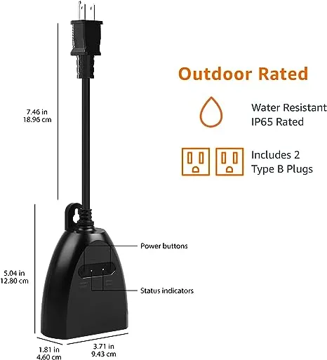 Amazon Basics Outdoor Smart Plug with 2 Individually Controlled Outlets, Works with Alexa Only, 2.4 GHz Wi-Fi, No Hub Required, Black