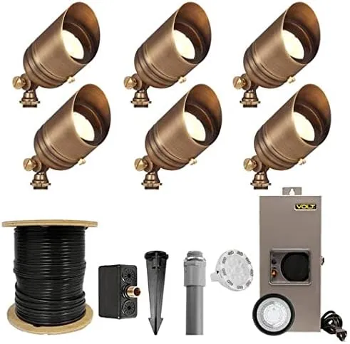 VOLT Fat Boy 12V Brass LED Outdoor Spotlight 6-Pack Kit (Bronze) with 150W Low Voltage Transformer