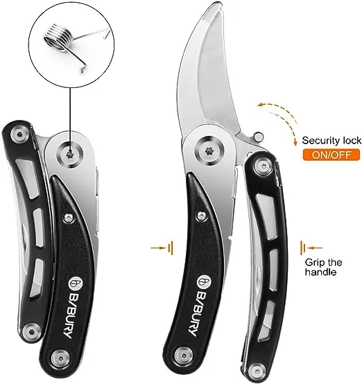 BIBURY Gardening Hand Pruners, 5 in 1 Multitools Folding Scissors 420 Stainless Steel Pruning Shears Bonsai Cutters for Tree Trimmers Secateurs,Garden Scissors,Garden Shears,Clippers for The Garden