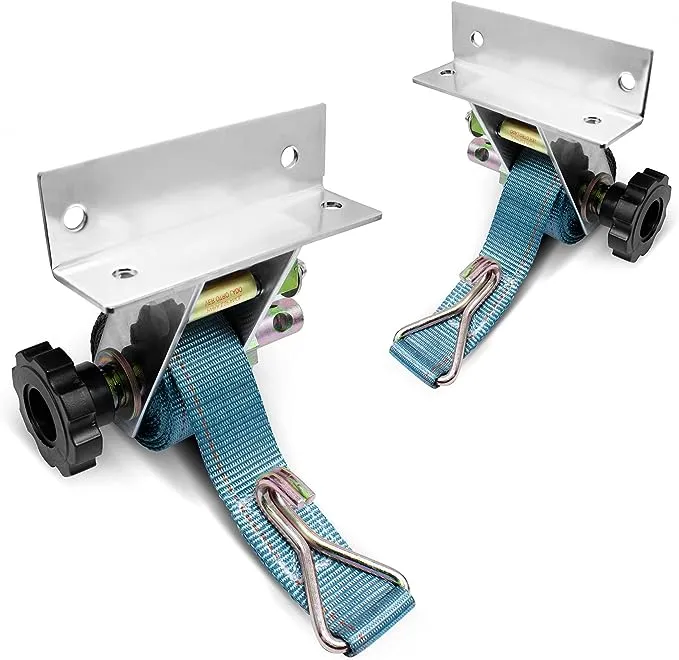 Pair of Polished Stainless Steel Ladder Rack Ratchet Tie-Down Straps Square Mount