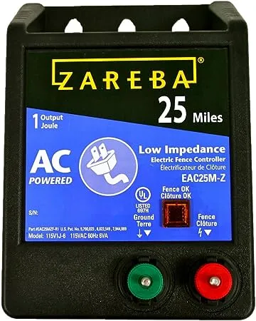 Zareba EAC25M-Z AC Powered Low Impedance electric Fence Charger - 25 Miles, Plug-In Electric Fence Energizer, Contain Animals, Keep Out Predators