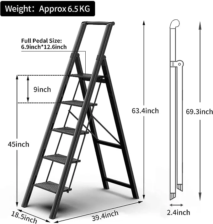 GameGem 5 Steps Lightweight Aluminum Ladder Folding Step Stool Stepladders with Anti-Slip and Wide Pedal for Home and Kitchen Use Space Saving