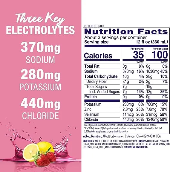 Pedialyte AdvancedCare Electrolyte Solution with PreActiv Prebiotics, Hydration Drink, Strawberry Lemonade, 1 Liter, 4 Count