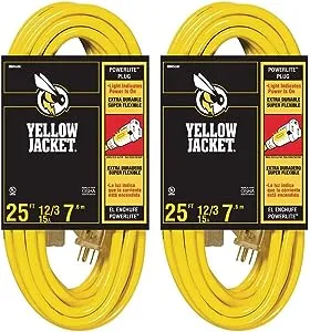 2-Pack - Yellow Jacket 12/3 Heavy-Duty 15-Amp SJTW Contractor Extension Cord with Lighted Ends, 25-Feet…