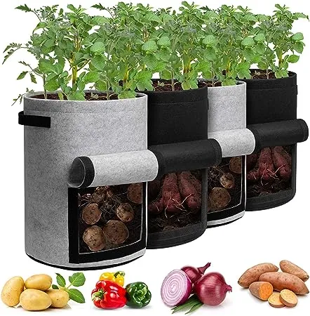 Homyhoo Potato Grow Bags with Flap 10 Gallon, 4 Pack Planter Pot with Handles and Harvest Window for Potato Tomato and Vegetables, Black and Gray