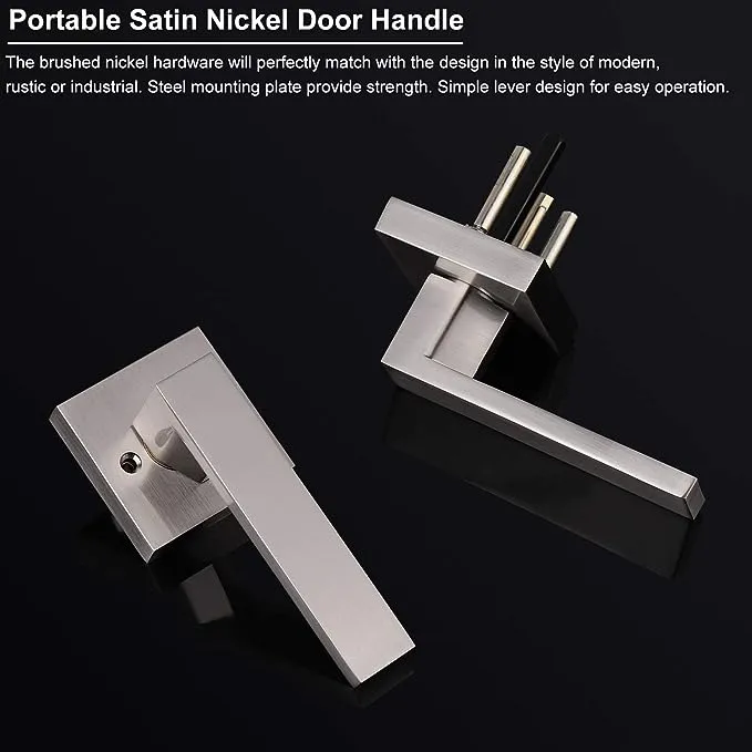 Knobonly 5 Pack Heavy Duty Door Passage Handle Door Lever Hallway Closet Keyless Brushed Nickel Square Door Handleset