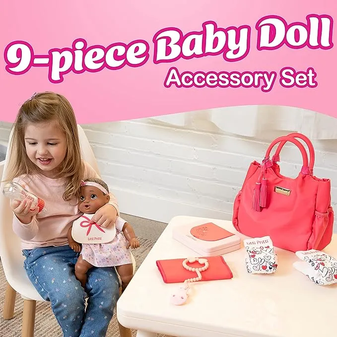 Litti Pritti Baby Doll Accessories - Diaper Bag Set -Playtime Playset for Baby Dolls - Baby Doll Diapers, Magic Bottle, Wipes and More - Toy for 3 4 5 6 7 8 Year Old - Gifts for Toddler Girls Multi