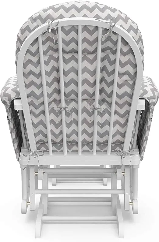 Storkcraft Premium Hoop Glider and Ottoman (White Base, Gray Chevron Cushion) – Padded Cushions with Storage Pocket, Smooth Rocking Motion, Easy to Assemble, Solid Hardwood Base