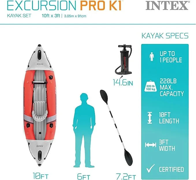 Intex Excursion Pro Single Person Inflatable Vinyl Fishing Kayak Set with Aluminum Oar and High Output Pump for Lakes