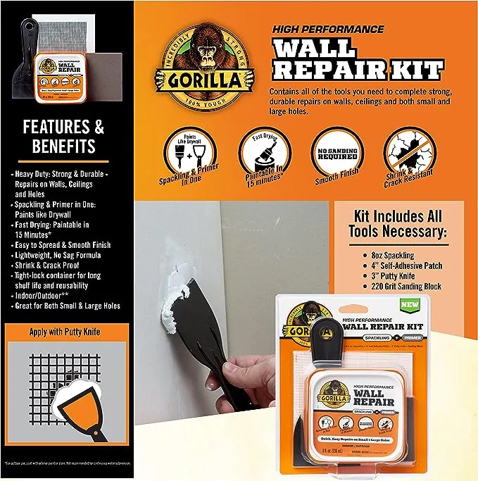 Gorilla Wall Repair Kit Featuring Gorilla Heavy Duty Wall Repair Spackling + Primer White