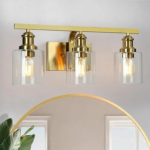 Durent Lighting Gold Bathroom Light Fixtures, 3 Light Modern Vanity Lights Over Mirror in Brushed Gold Finish with Clear Glass Shades