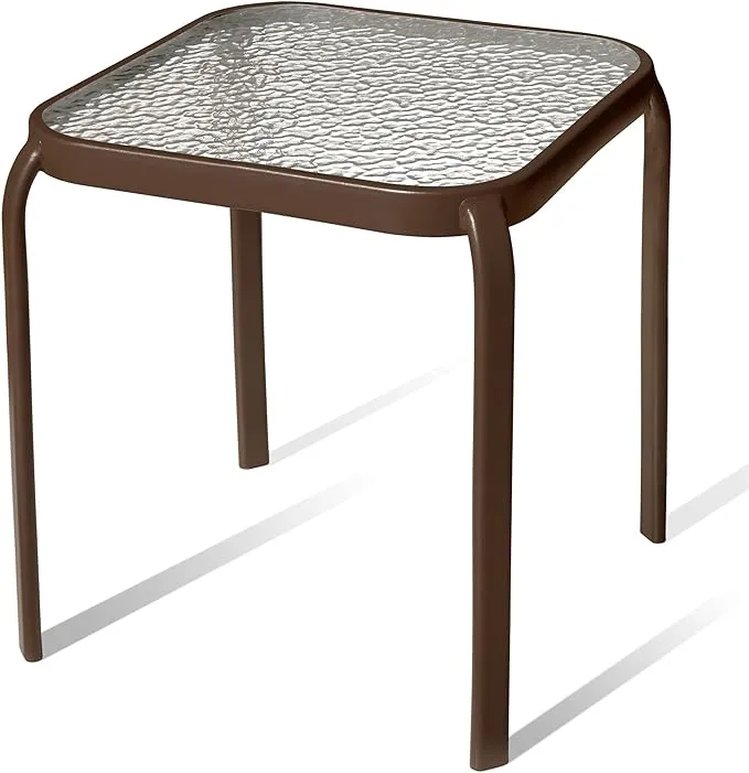 PROLISOK Bronze Metal Outdoor Side Table with Tempered Glass Top – 