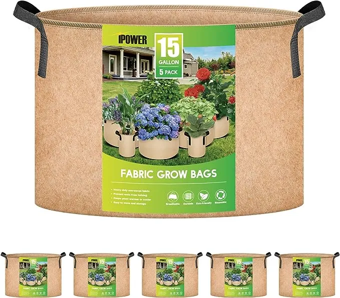 iPower 5-Pack 15 Gallon Plant Grow Bags Thickened Nonwoven Aeration Fabric Pots Heavy Duty Durable Container, Strap Handles for Garden, Tan