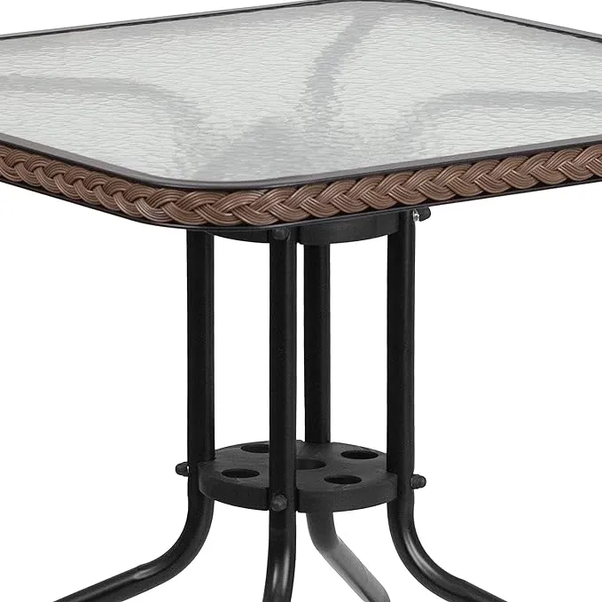 Flash Furniture Square Glass Metal Table with Rattan Edging and 4 Rattan Stack Chairs, 28", Dark Brown