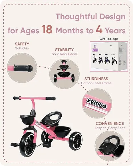 KRIDDO Kids Tricycles Age 24 Month to 4 Years, Toddler Kids Trike for 2.5 to 5 Year Old, Gift Toddler Tricycles for 2-4 Year Olds, Trikes for Toddlers, Pink