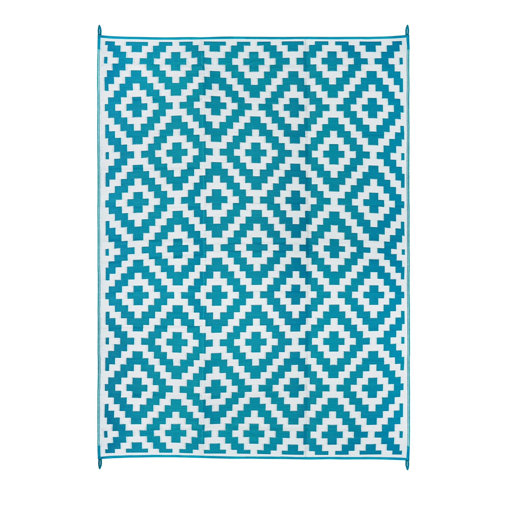 FH Home Outdoor Rug - Waterproof, Fade Resistant, Reversible - Premium Recycled Plastic - Geometric - Large Patio, Deck, Sunroom, RV, Camping - Aztec - Teal & White - 9 x 12 ft Foldable