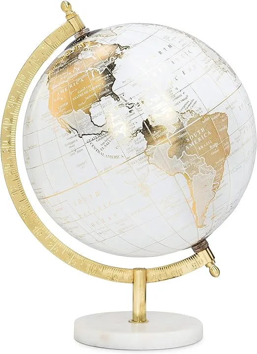 Abbott Collection World Globe with Stand - 8 Inch Spinning Small Decorative Globe - Home, Bookshelf, and Desk Decor (White/Gold)