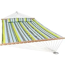 Sunnydaze Heavy Duty Quilted Fabric Hammock Two-Person with Spreader Bars - 450 lb Weight Capacity - Blue and Green