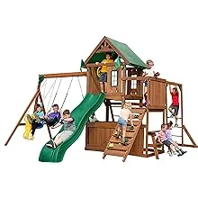 Swing-N-Slide WS 8351 Knightsbridge Plus Swing Set with Slide, Glider, Swings, Monkey Bars, Climbing Wall and Picnic Table, Wood , Green