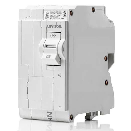 Leviton LB250-T 50A 2-Pole Plug-On Standard Branch Circuit Breaker, Thermal Magnetic, 120/240 VAC, White