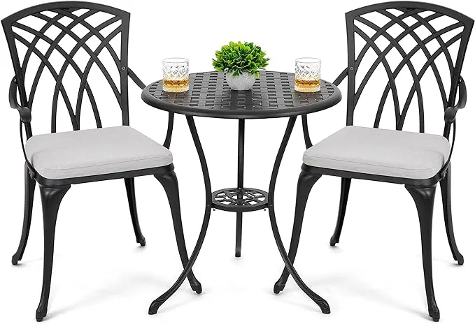 Nuu Garden 3 Piece Bistro Table Set Cast Aluminum Outdoor Patio Furniture with Umbrella Hole and Grey Cushions for Patio Balcony, Black with Golden Powder