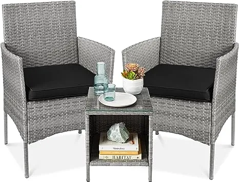 Best Choice Products 3-Piece Outdoor Wicker Conversation Bistro Set, Patio Chat Furniture w/ 2 Chairs, Table -Gray/Black