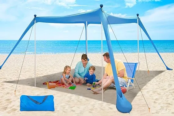 Beach Canopy Beach Tent UPF50+ 11x11 FT Easy to Setup Extra Windproof Rope Sun Shelter Beach Shade Canopy with 4 Stability Poles Outdoor Shade for Beach Camping Family