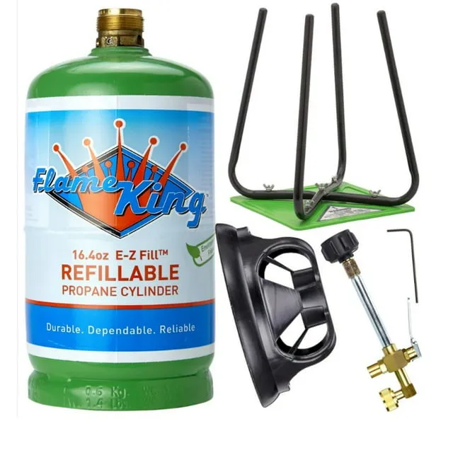 Flame King Refillable 1 lb Empty Propane Cylinder Tank - with Refill Kit and CGA600 Connection - Reusable - Safe and Legal Refill Option - DOT Compliant - 16.4 oz, Green