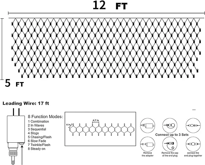 12Ft X 5Ft Christmas Net Lights, 360 LED Net Lights with 8 Modes, Connecable, Ti