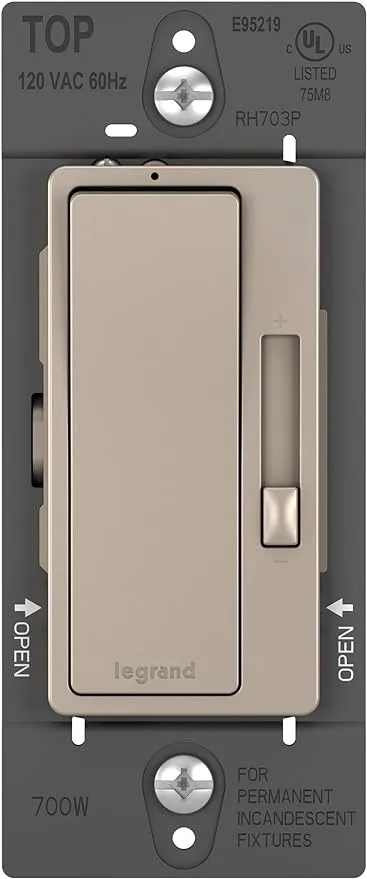 Legrand radiant Dimmer Light Switch, 700W Rated for Incandescent and Halogen Lights, Brushed Nickel, RH703PNICCV4