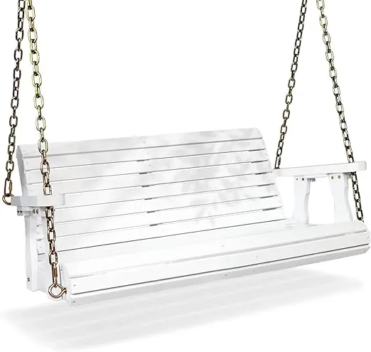 VINGLI Upgraded Patio Wooden Porch Swing for Courtyard & Garden, Heavy Duty 880 LBS Swing Chair Bench with Hanging Chains for Outdoors (4 FT, White)