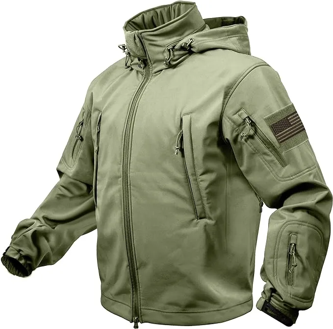 Olive Drab Special Ops Soft Shell Waterproof Military Jacket w/ US Flag Patches ...