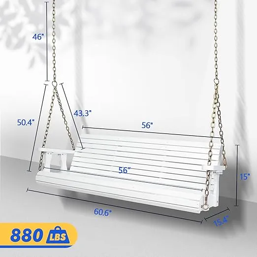 VINGLI Upgraded Patio Wooden Porch Swing for Courtyard & Garden, Heavy Duty 880 LBS Swing Chair Bench with Hanging Chains for Outdoors (5 FT, White)VINGLI Upgraded Patio Wooden Porch Swing for Co…