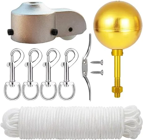 EKEV Flag Pole Repair Kits, 3" Topper Gold Ball + 50 ft Halyard Rope + 6" Cleat ...