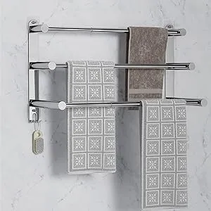 Towel Bars Freely Retractable 17-31 Inches Bathroom Towel Rack with Hooks,SUS304 Stainless Steel 3-Tiers Towel Rails Wall Mounted No Drill Adjustable,Bathroom Towels Shelves Rack with Adhesives