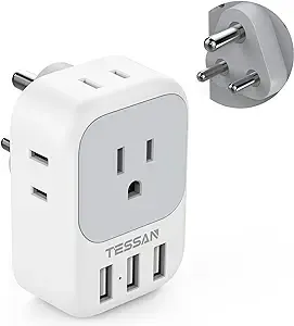 TESSAN US to India Plug Adapter with 4 AC Outlets 3 USB Charging Ports