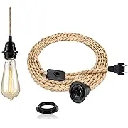 15FT Pendant Light Kit with Switch - Easric Vintage Hanging Lights with Plug in Cord Hanging Lamp Cord with Twisted Hemp Rope E26 Socket DIY Light Fixture for Farmhouse Home Bedroom Living Room