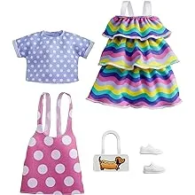 Barbie Fashions 2-Pack Clothing Set, 2 Outfits Doll Include Pink Polka-Dot Jumper, Purple Polka-Dot Top, Striped Dress & 2 Accessories, Gift for Kids 3 to 8 Years Old , White