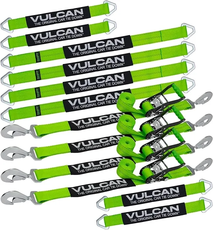 VULCAN Complete Axle Strap Tie Down Kit with Snap Hook Ratchet Straps - High-Viz - Includes (4) 22 Inch Axle Straps, (4) 36 Inch Axle Straps, and (4) 8' Snap Hook Ratchet Straps