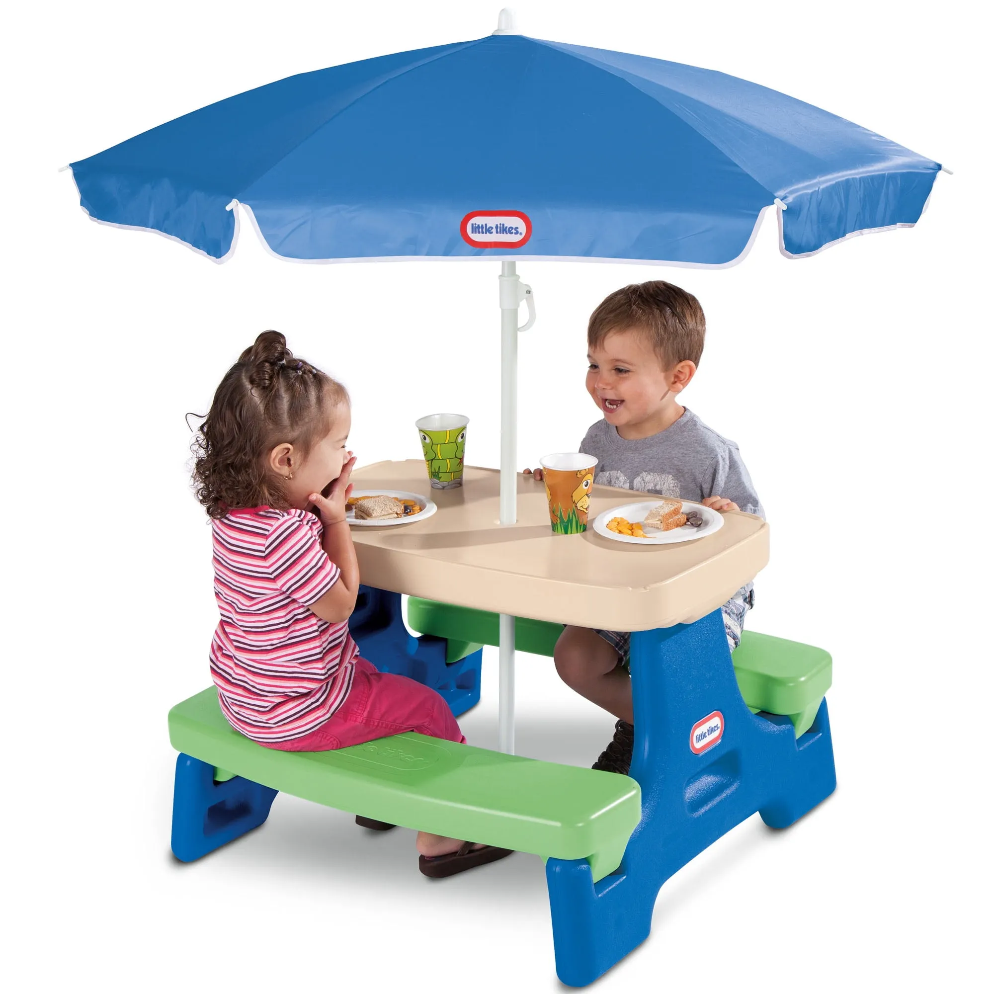 Little Tikes Easy Store Jr. Picnic Table with Umbrella, Blue & Green, Kids, Boys and Girls