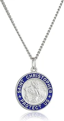 Amazon Essentials Sterling Silver Round Saint Christopher Medal Pendant Necklace with Blue Epoxy Edge and Rhodium Plated Stainless Steel Chain, (previously Amazon Collection)