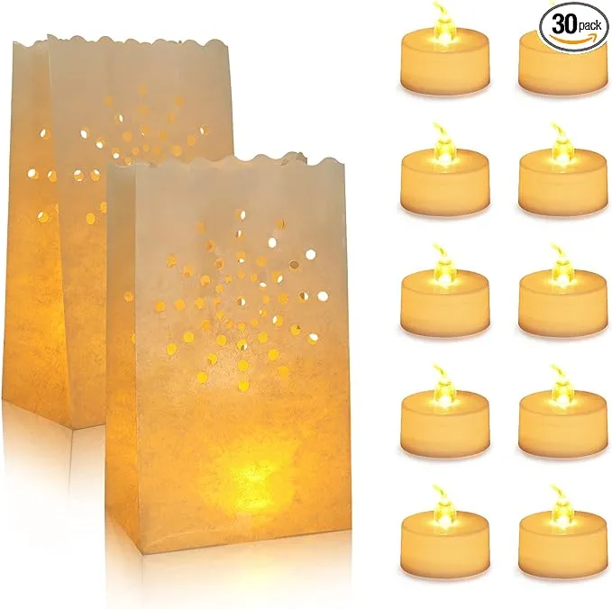 30 Set Luminaries Bag With Flameless Candles\x8c Flickering Led Tea Lights With Pap