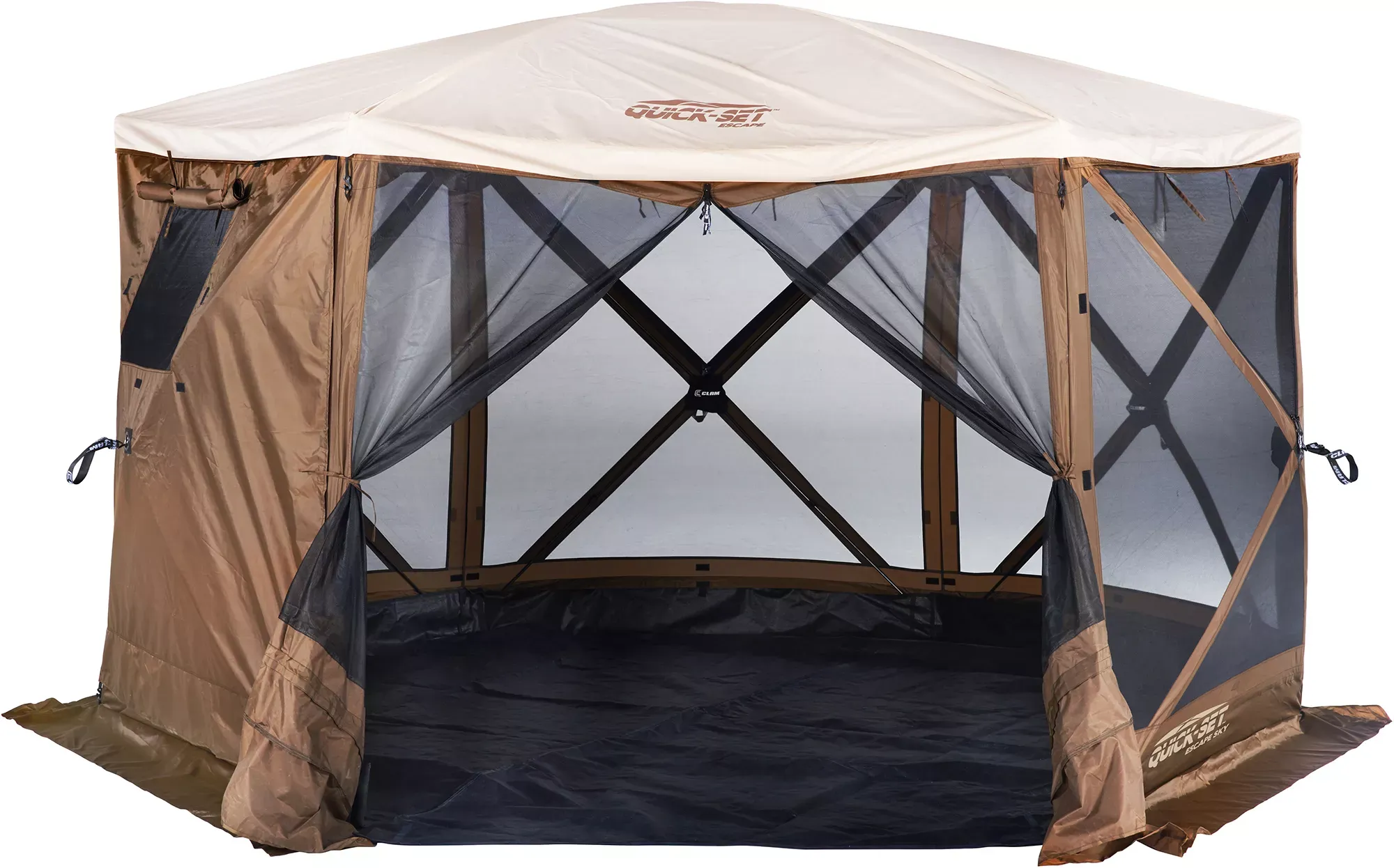 CLAM Quick-Set Escape Sky Camper 11.5 x 11.5 Foot Portable Pop-Up Outdoor Gazebo Screen Tent 6 Sided Canopy Shelter w/Ground Stakes & Carry Bag, Brown