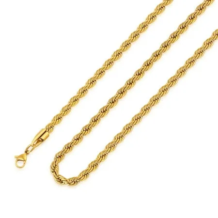 18k Real Gold Plated Rope Chain 1.5mm 2.5mm 5mm Stainless Steel Twist Chain Necklace for Men Women 16 Inches 36 Inches