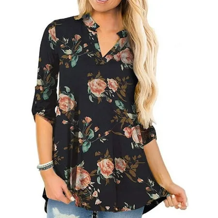 Niuer Women Roll Up Long Sleeve Shirts Casual Loose Fit Blouse Short Sleeve Ruffle Button Up Tunic Tops Paisley Flare Henley T-Shirts