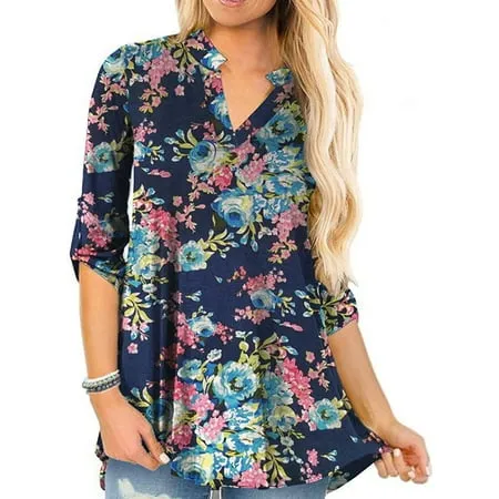 Niuer Women Roll Up Long Sleeve Shirts Casual Loose Fit Blouse Short Sleeve Ruffle Button Up Tunic Tops Paisley Flare Henley T-Shirts